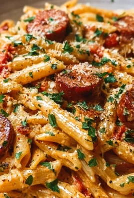 Creamy spicy Cajun sausage pasta in a skillet, garnished with herbs and spices.