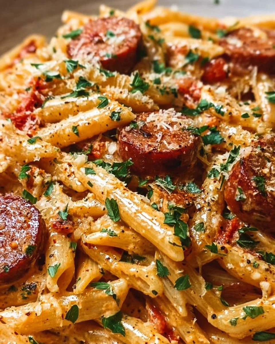 Creamy spicy Cajun sausage pasta in a skillet, garnished with herbs and spices.