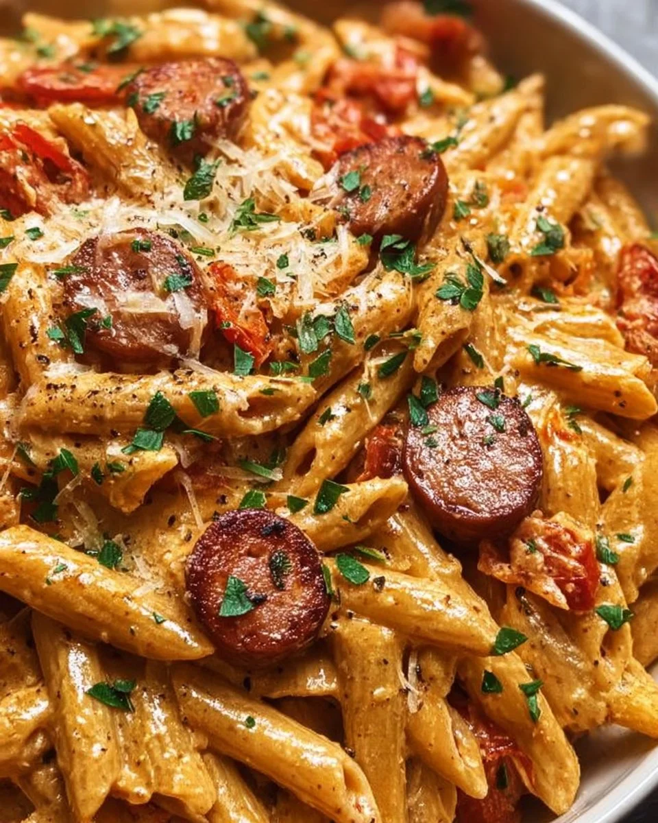 One-pot creamy spicy Cajun sausage pasta ready to serve
