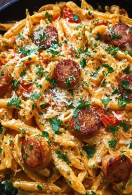 One-pot creamy spicy Cajun sausage pasta dish garnished with herbs.