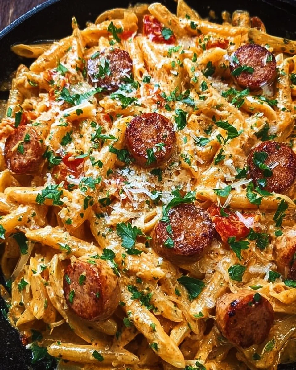 One-pot creamy spicy Cajun sausage pasta dish garnished with herbs.