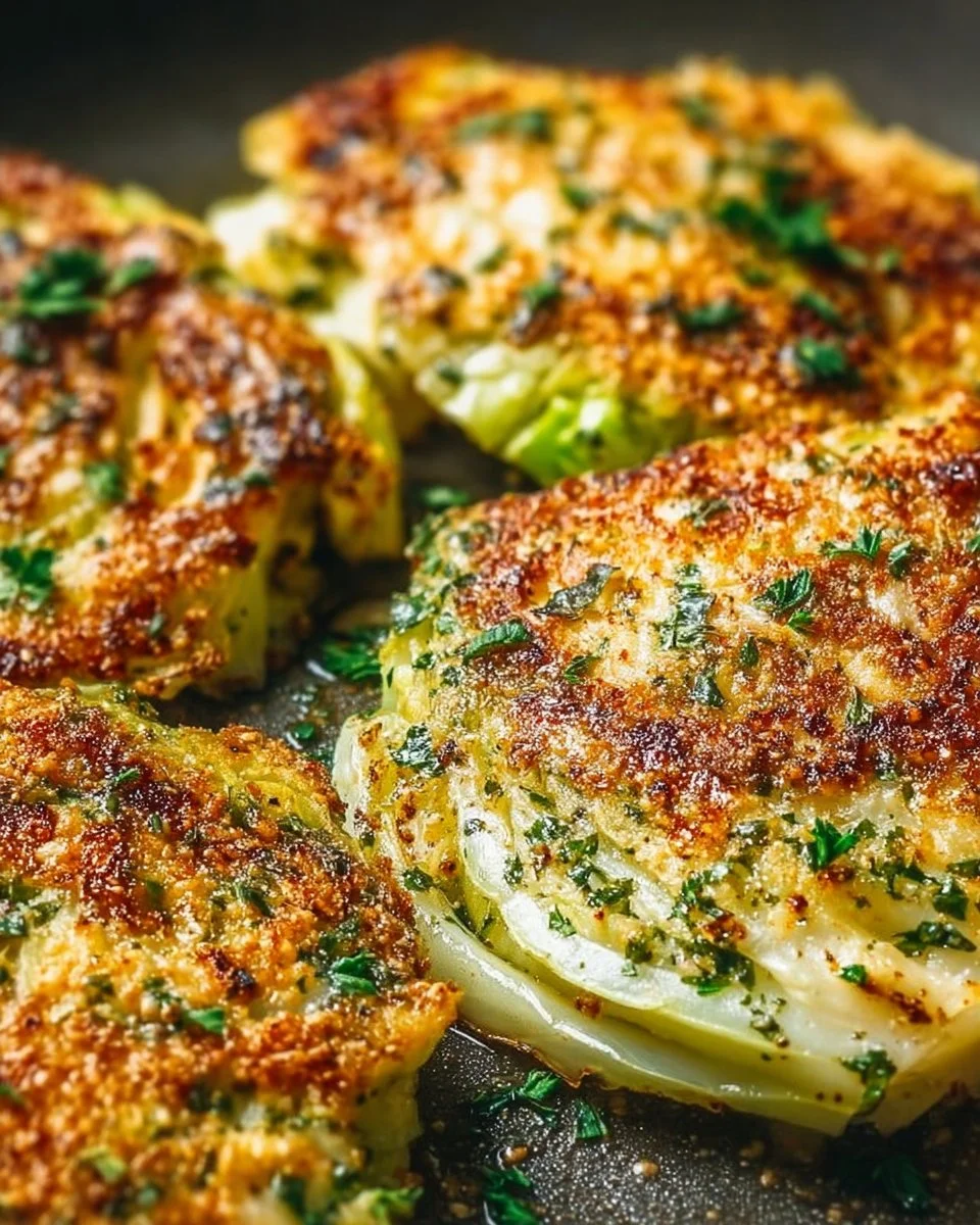 Baked Parmesan Cabbage Steaks served with herbs