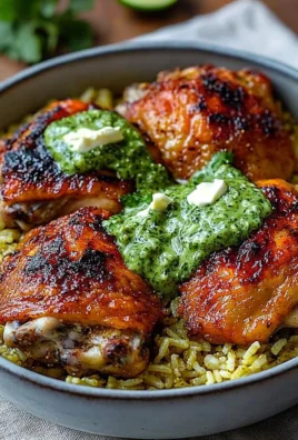 Delicious plate of Peruvian chicken and rice served with vibrant green sauce.