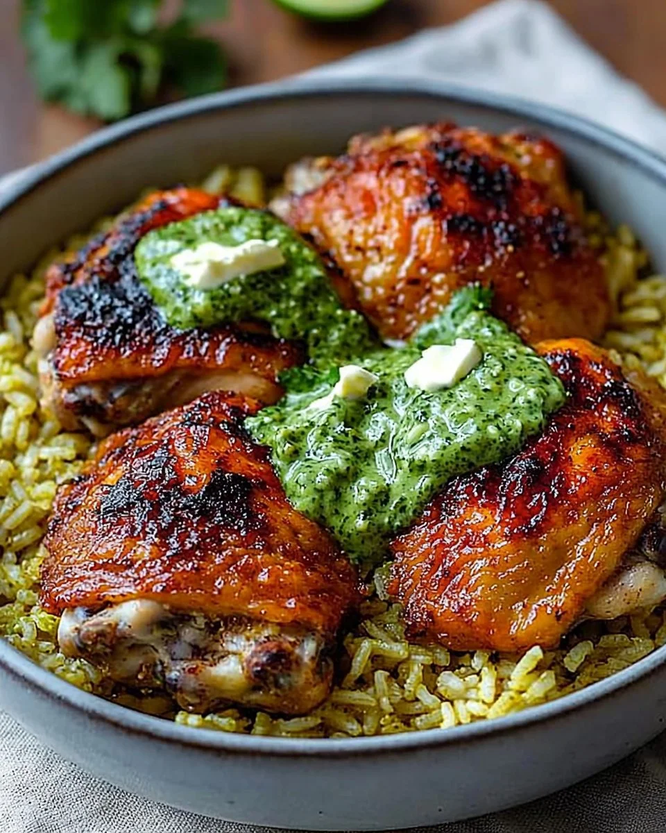 Delicious plate of Peruvian chicken and rice served with vibrant green sauce.