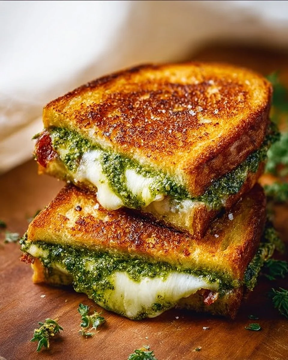 Pesto grilled cheese sandwich with melted cheese and fresh basil pesto