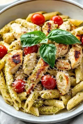 Bowl of pesto pasta with chicken, garnished with basil and parmesan cheese.