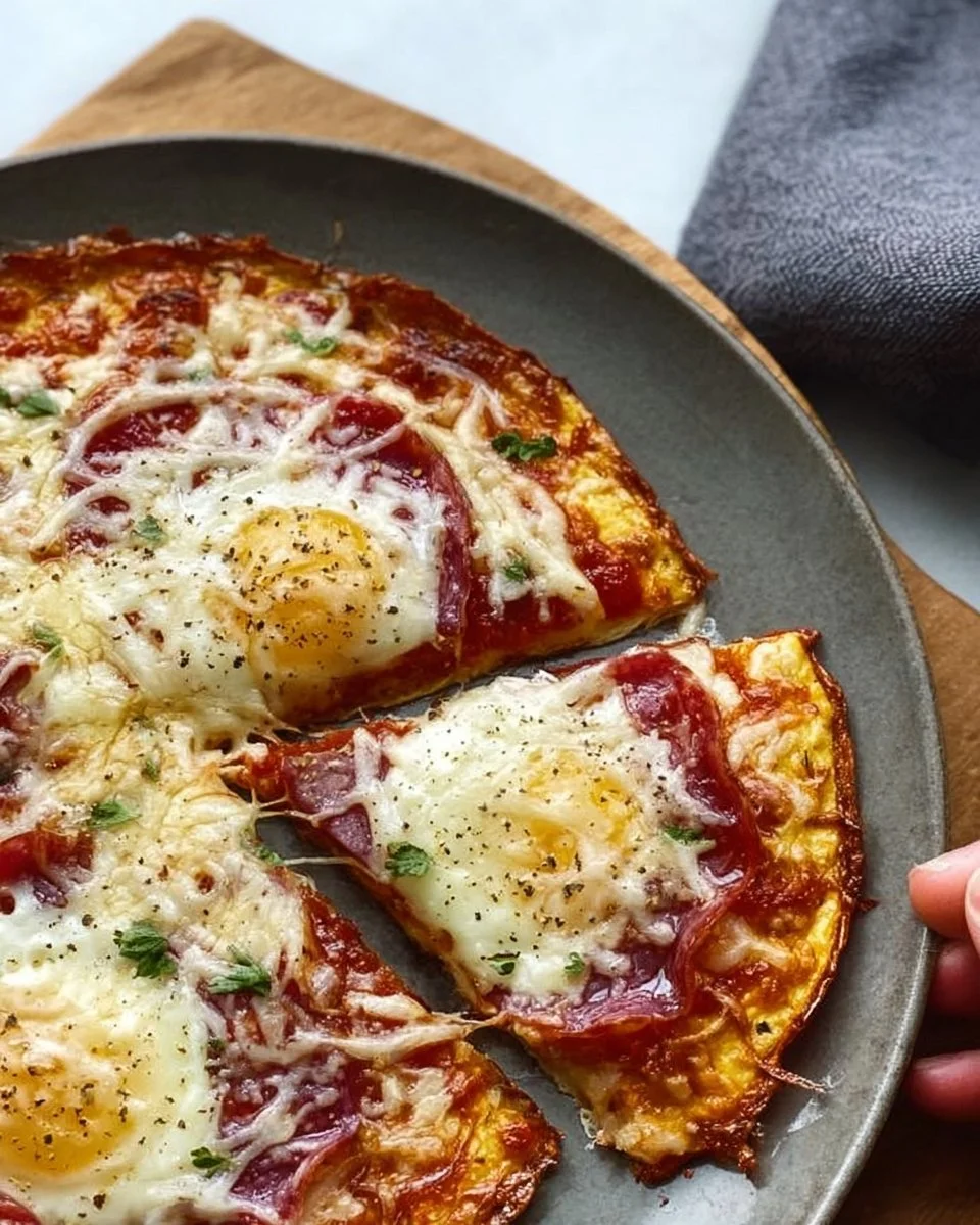 Delicious Pizza Eggs served on a plate with toppings and cheese melting.