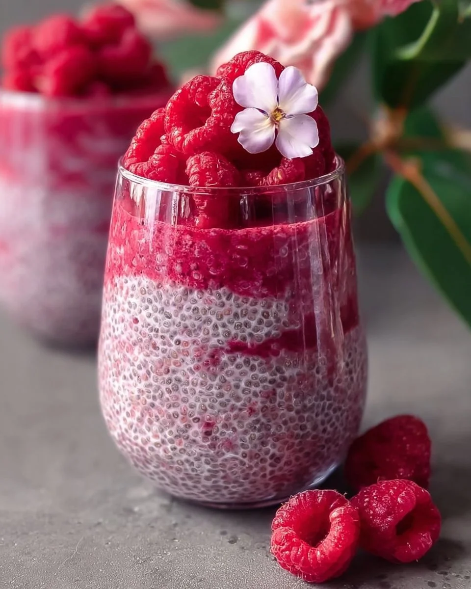 Delicious raspberry chia pudding topped with fresh raspberries and mint
