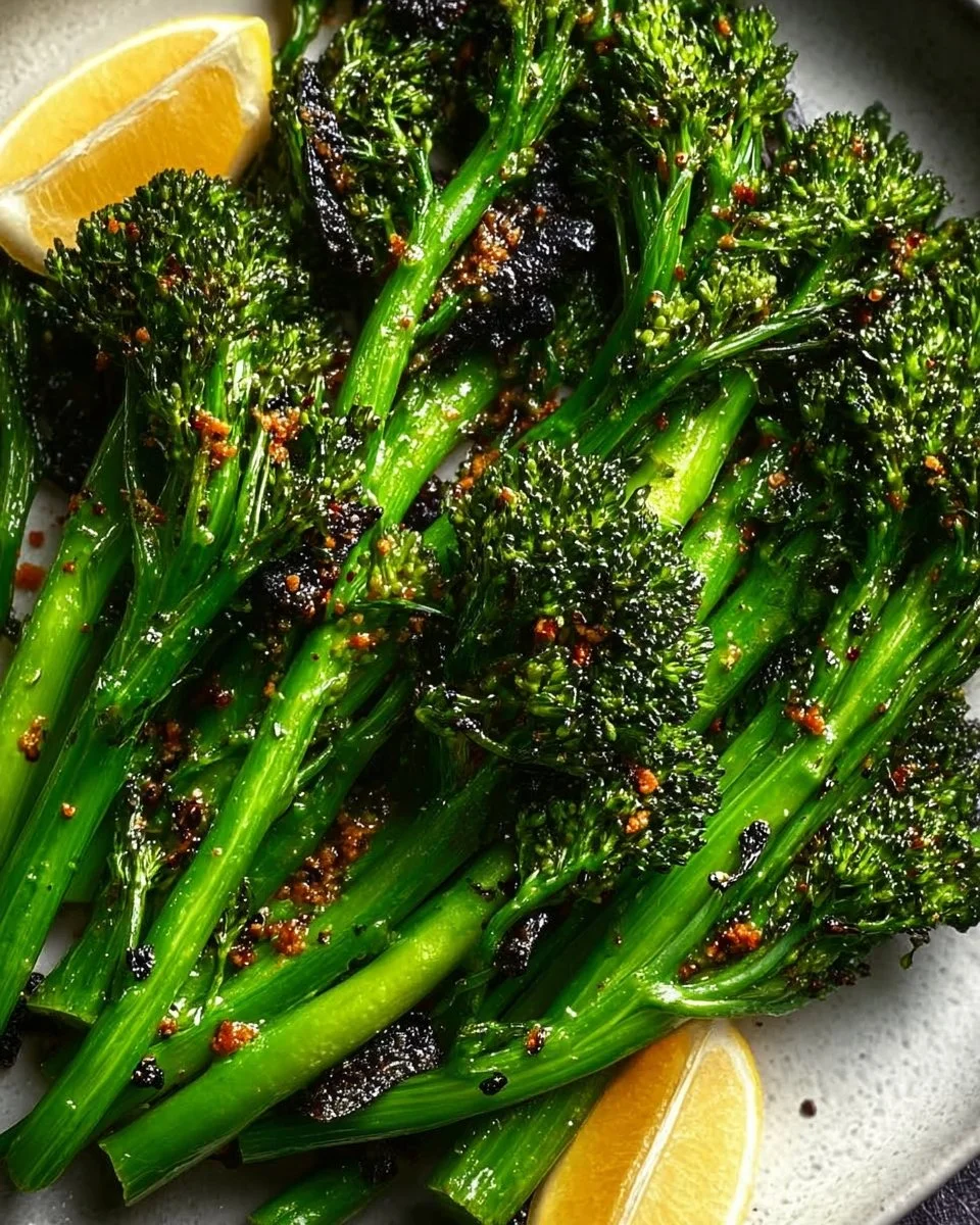 Plate of roasted broccolini garnished with lemon and garlic