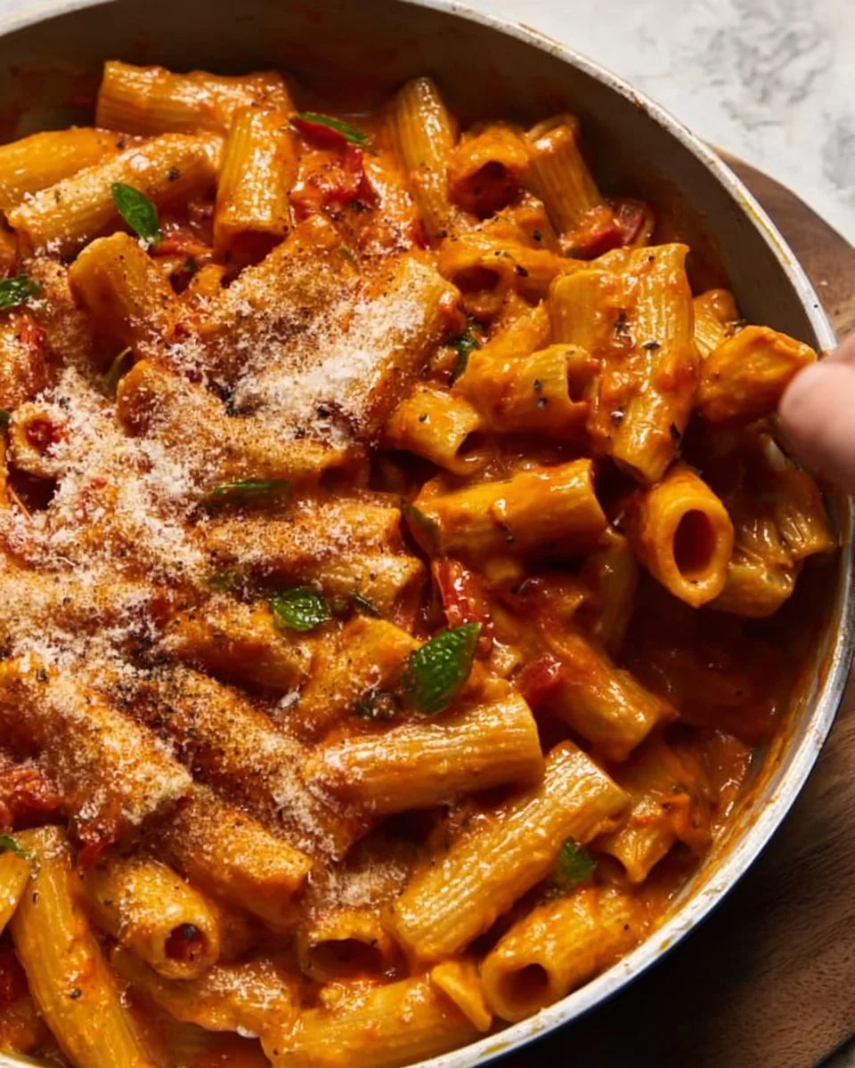 Creamy roasted red pepper pasta served in a bowl with fresh herbs.