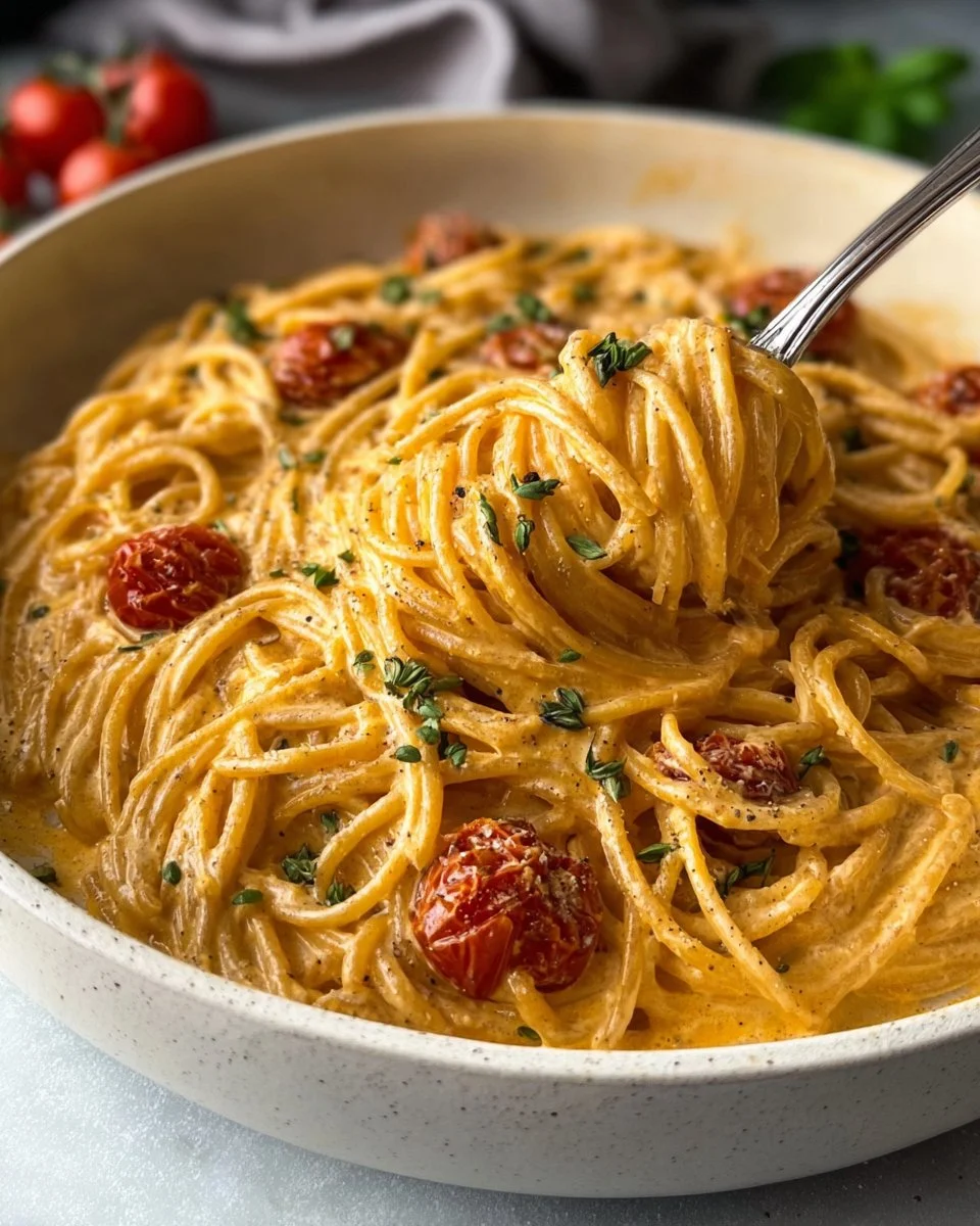 Roasted Tomato and Garlic Ricotta Pasta in a serving bowl