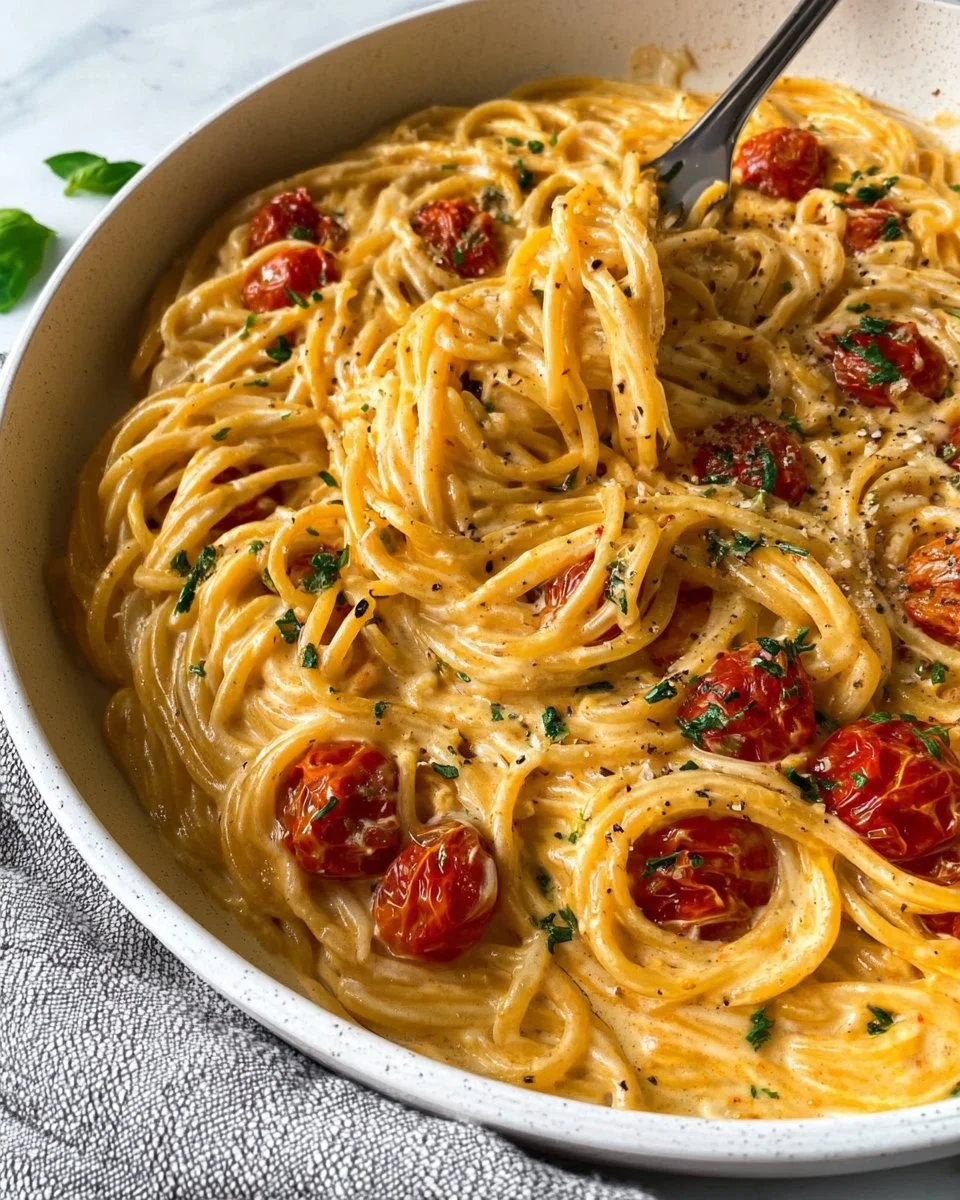 Delicious roasted tomato and garlic ricotta pasta served in a bowl