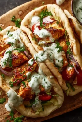 Sheet pan chicken pitas topped with herby ranch dressing on a wooden board.