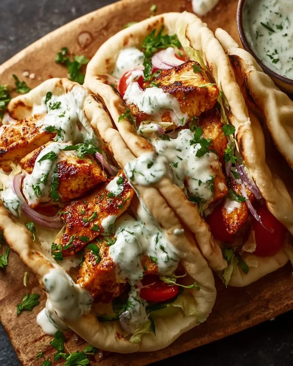 Sheet pan chicken pitas topped with herby ranch dressing on a wooden board.