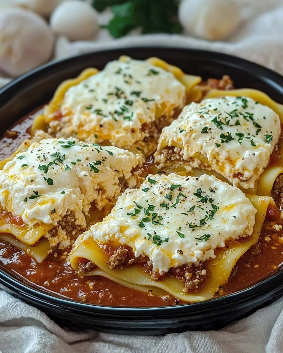 Slow cooker lasagna layered with cheese and sauce in a ceramic dish
