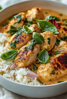 Spiced Coconut Basil Chicken served with rice, garnished with herbs