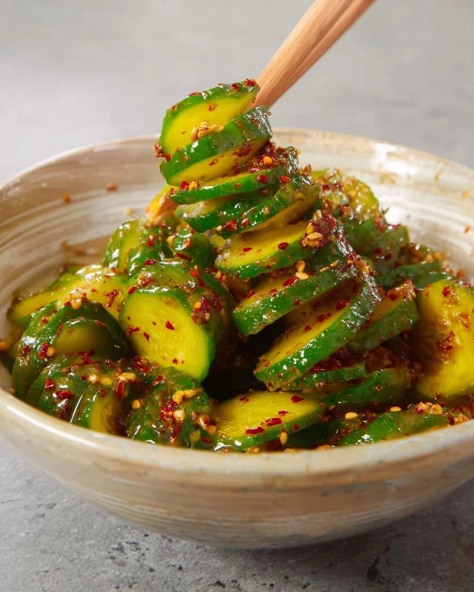 Korean-inspired spiral cucumber salad with vibrant colors and fresh ingredients