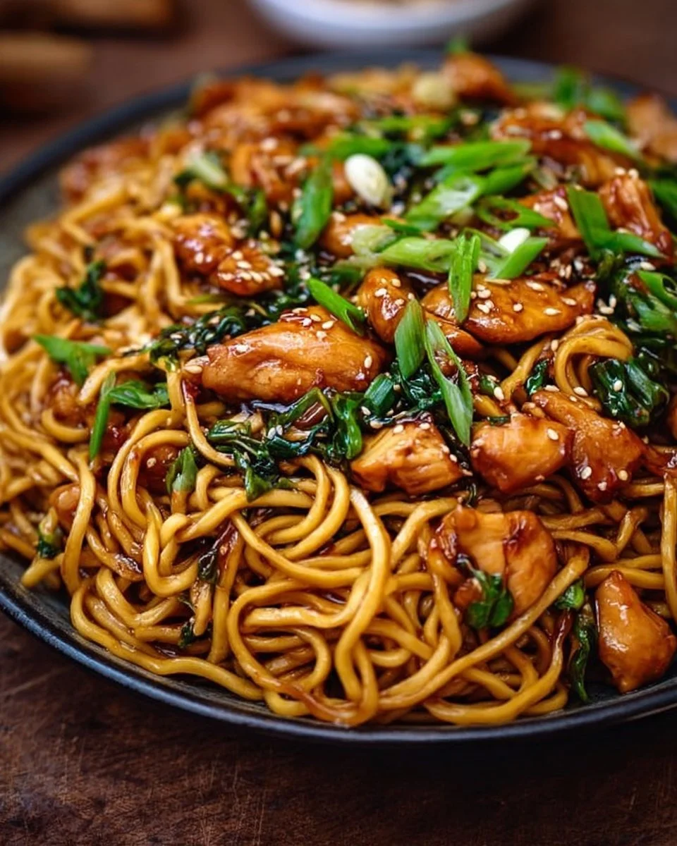 Plate of sticky garlic chicken noodles with fresh vegetables.