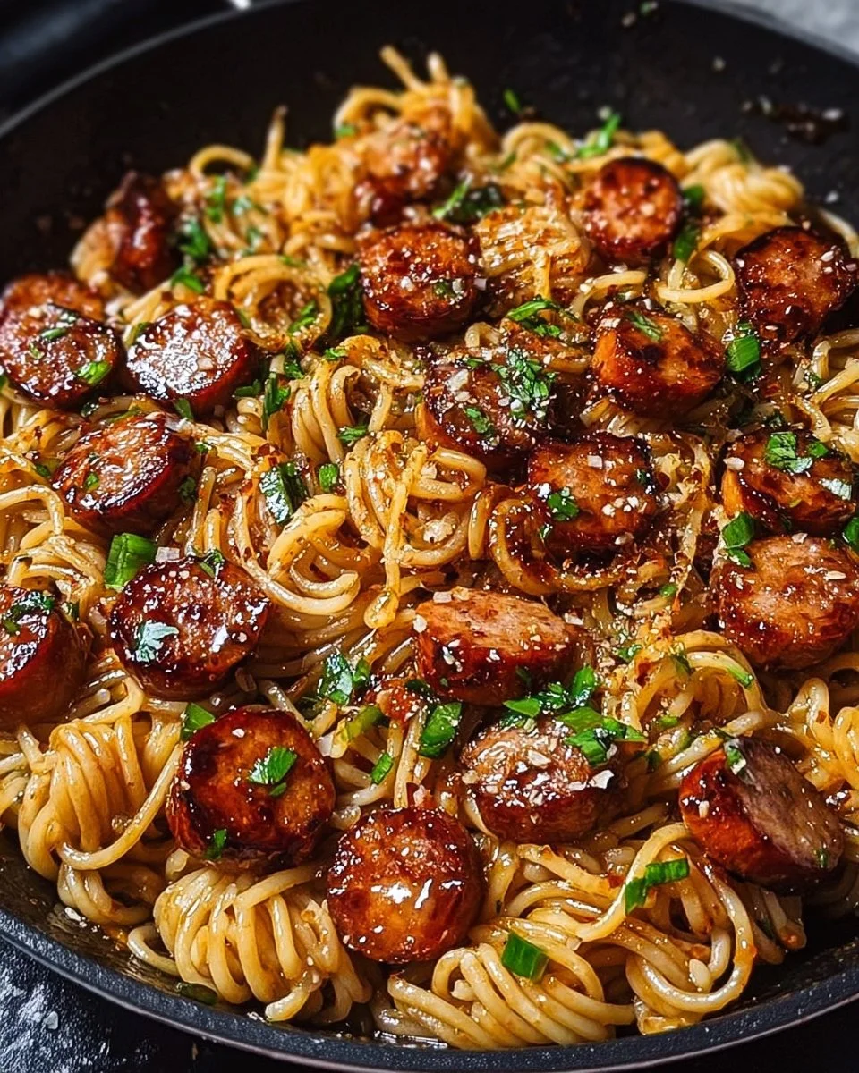 Sticky Honey Garlic Sausage Pasta Skillet served in a skillet dish