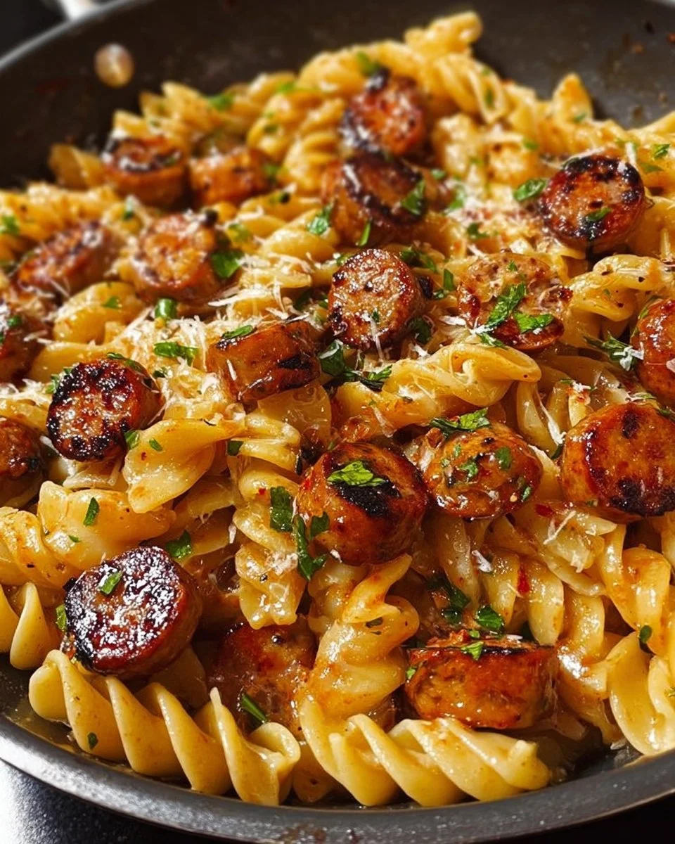 Sticky Honey Garlic Sausage Pasta Skillet