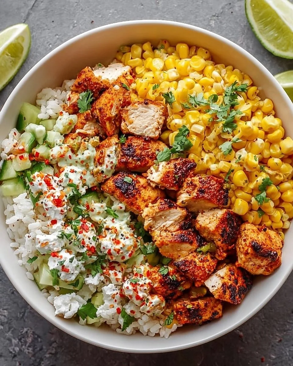 Street Corn Chicken Rice Bowl with chicken, corn, and spices in a bowl