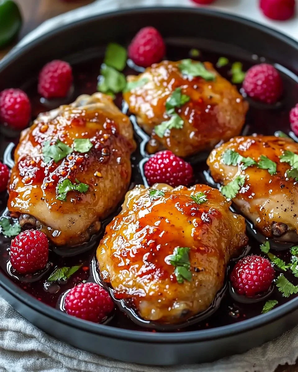 Sweet and spicy jalapeno raspberry chicken dish ready in 25 minutes.