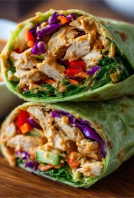 Thai Peanut Chicken Wraps filled with fresh vegetables and creamy peanut sauce