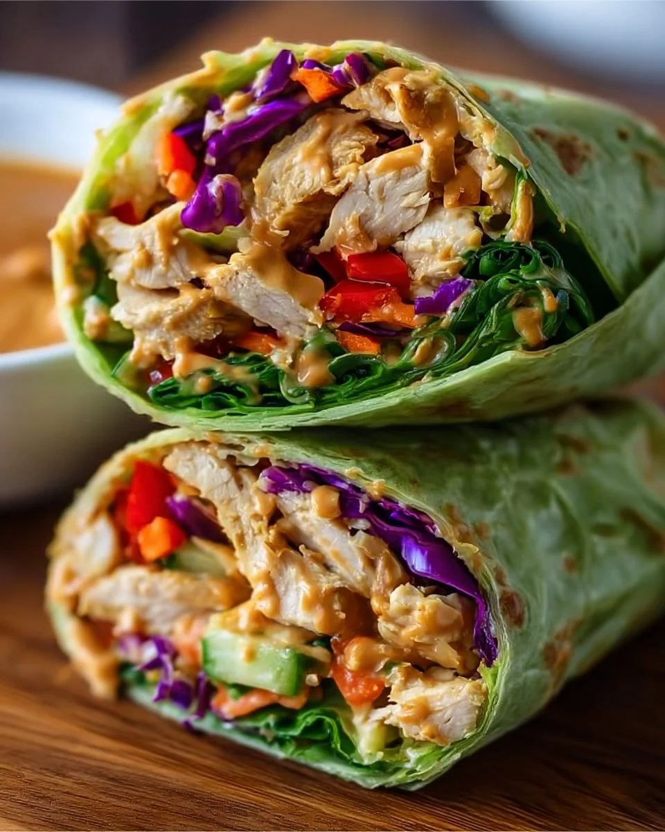 Thai Peanut Chicken Wraps filled with fresh vegetables and creamy peanut sauce