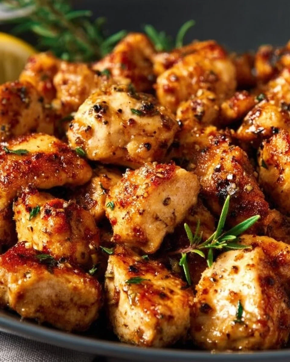 Succulent seasoned chicken breast morsels seared to perfection.