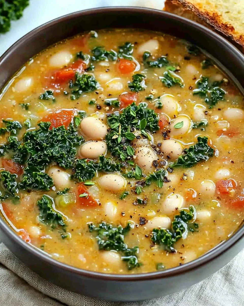 A bowl of delicious Tuscan White Bean Soup garnished with herbs and fresh vegetables.
