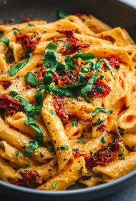 Bowl of vegan creamy sun dried tomato pasta topped with fresh herbs