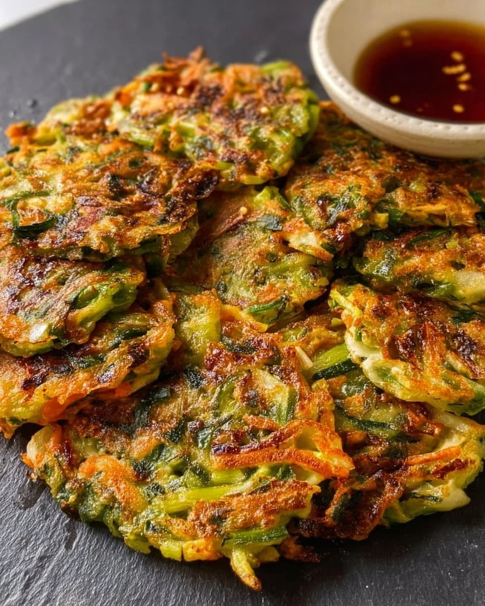 Delicious vegan vegetable pancakes topped with fresh herbs and served on a plate.