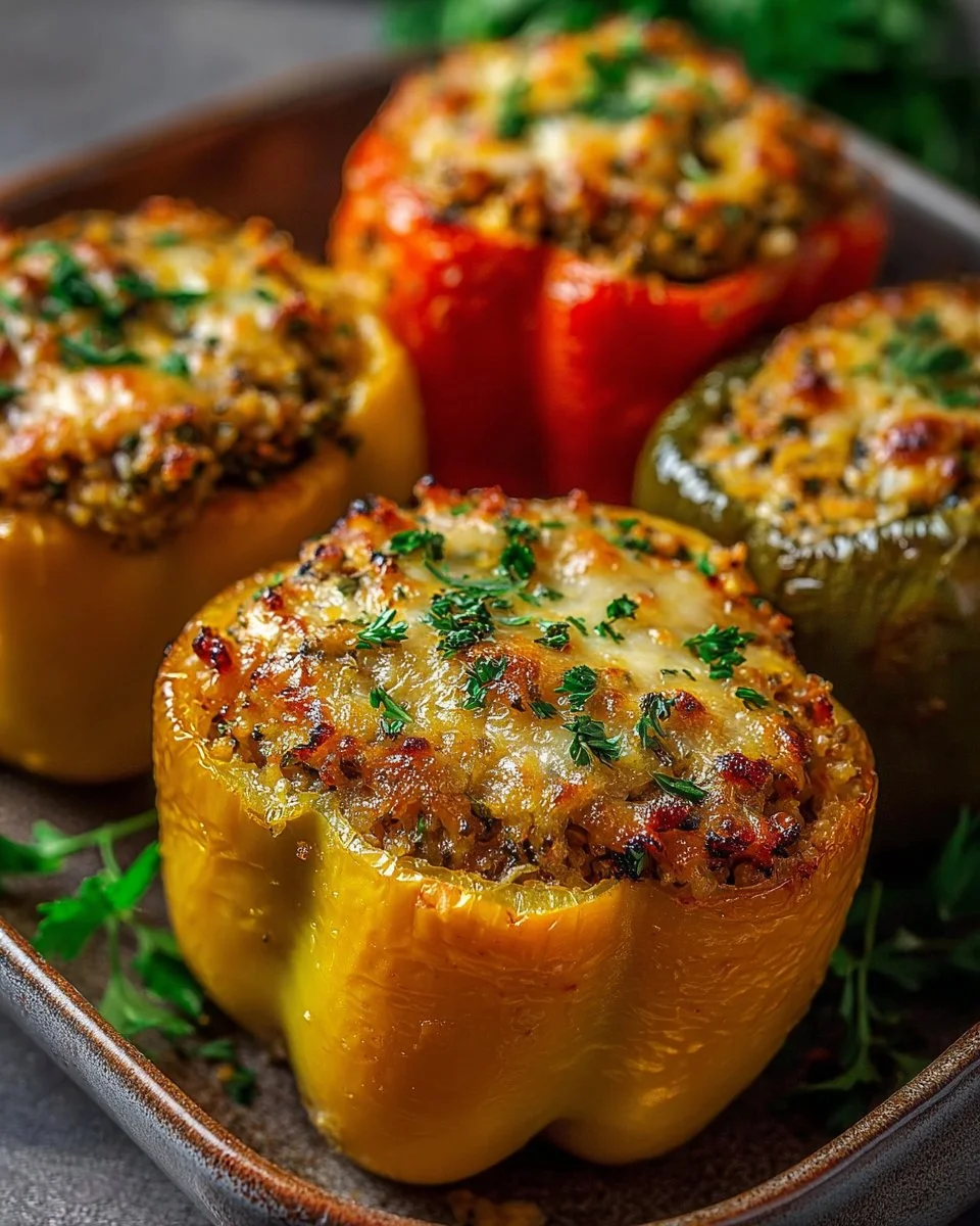 Colorful vegetarian stuffed bell peppers filled with rice and vegetables