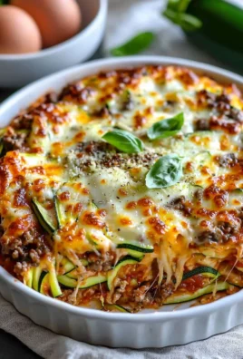 A delicious zucchini pizza casserole topped with cheese and fresh vegetables