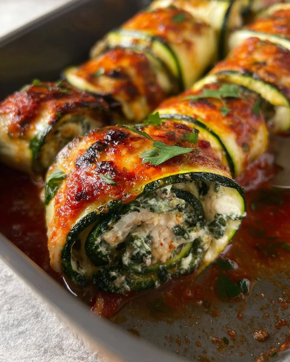 Delicious Zucchini Rollatini with cheese, herbs, and sauce on a plate