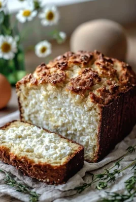 Freshly baked 2-Ingredient Cottage Cheese Bread loaf cut on a wooden board.
