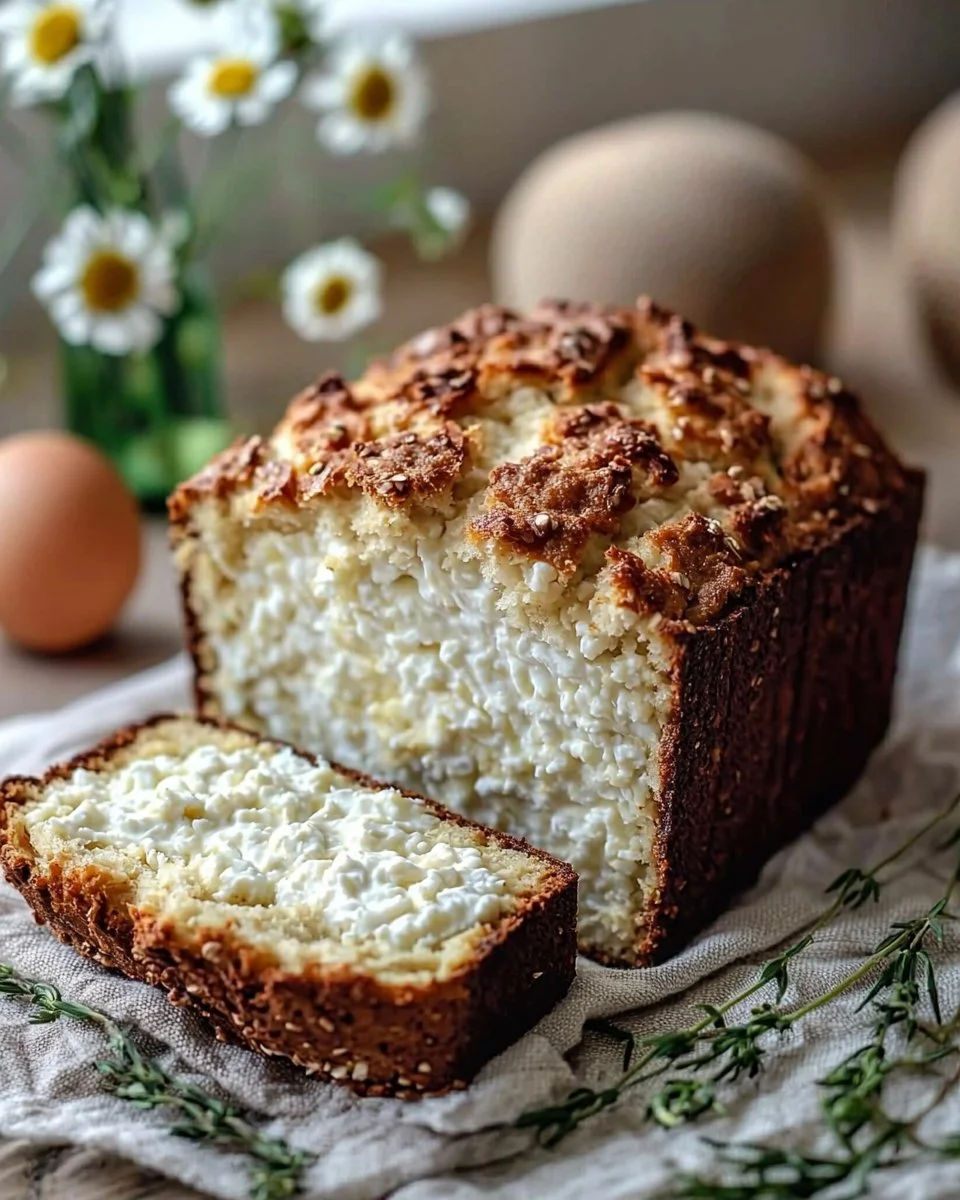 Freshly baked 2-Ingredient Cottage Cheese Bread loaf cut on a wooden board.
