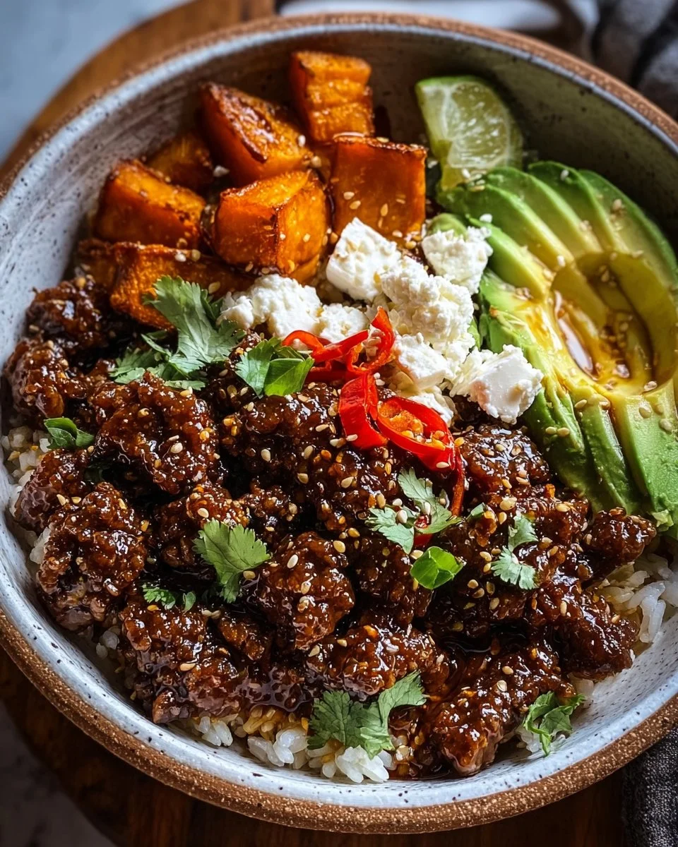 45g Protein Hot Honey Beef Bowl featuring sweet and spicy flavors