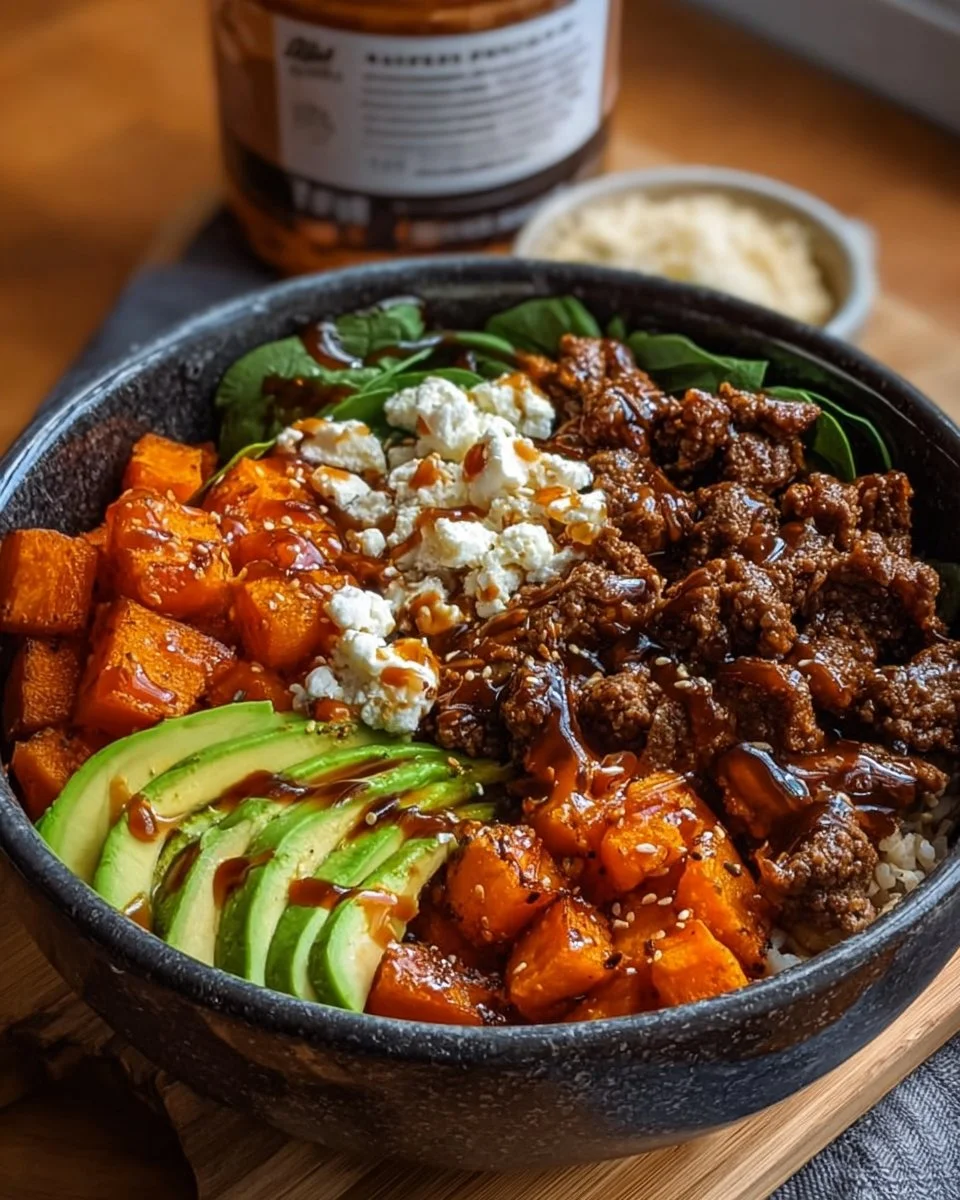 Delicious Hot Honey Beef Bowl with 45g protein, showcasing sweet and spicy flavors.