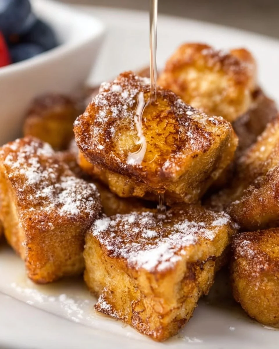 Delicious air fryer French toast bites served with syrup and berries.