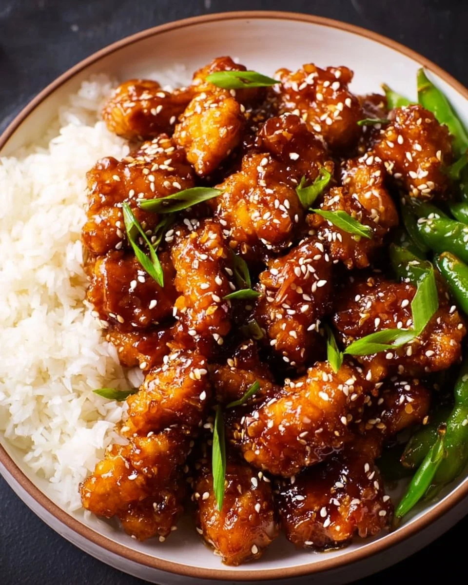 Plate of Asian High Protein Sesame Chicken garnished with sesame seeds