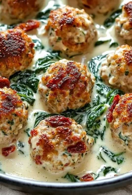 Baked chicken ricotta meatballs with spinach alfredo sauce in a serving dish