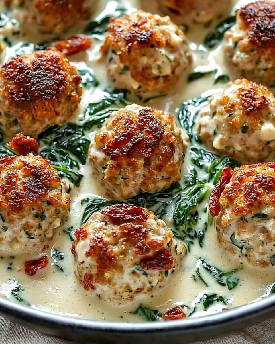 Baked Chicken Ricotta Meatballs with Spinach Alfredo Sauce