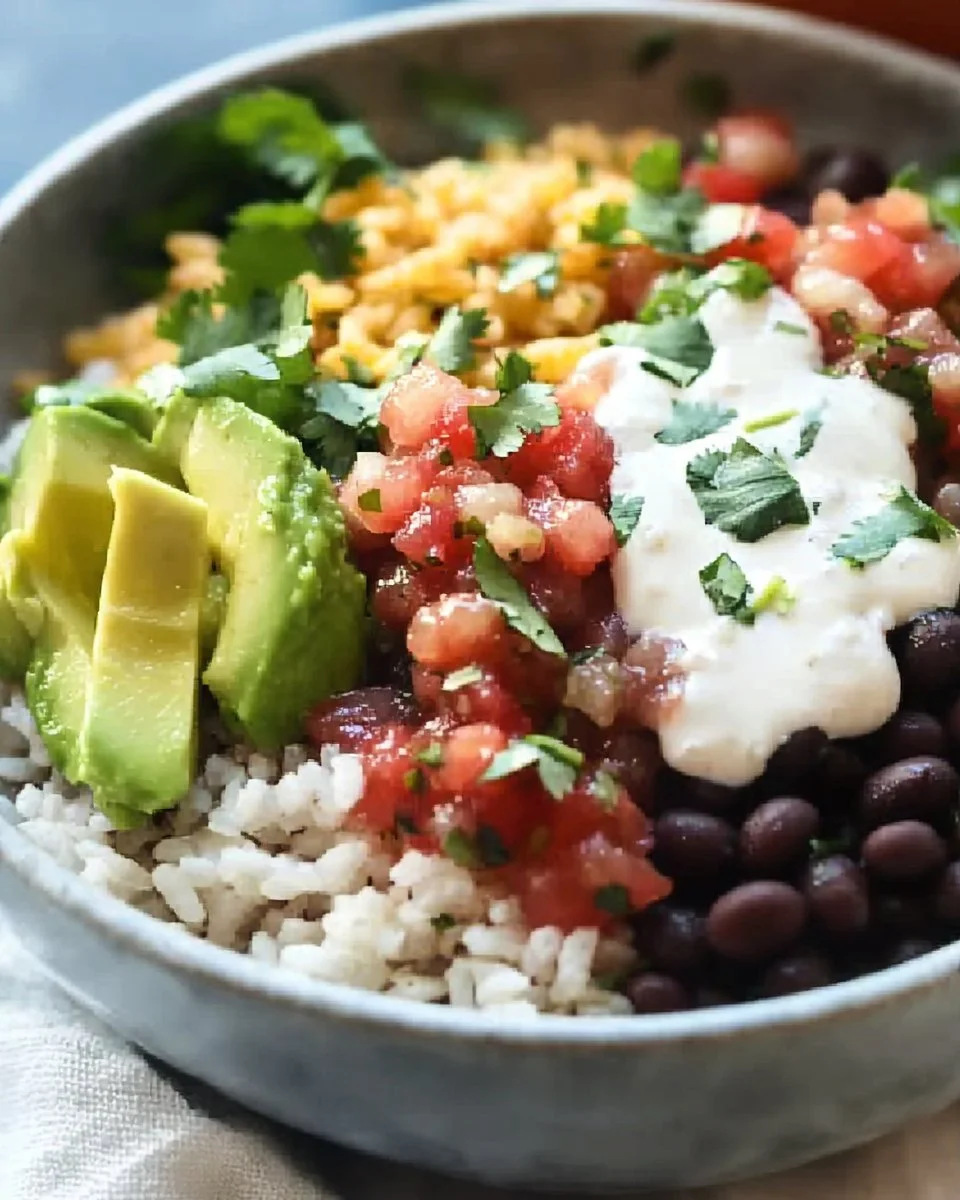 Delicious Bean & Rice Burrito Bowls served with fresh toppings and ingredients