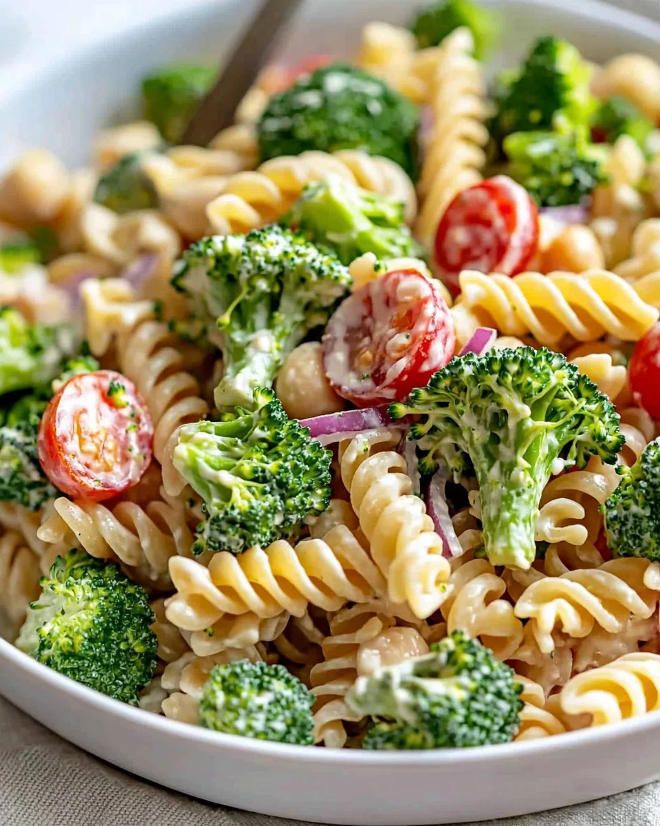 Delicious broccoli pasta salad served in a bowl with fresh ingredients