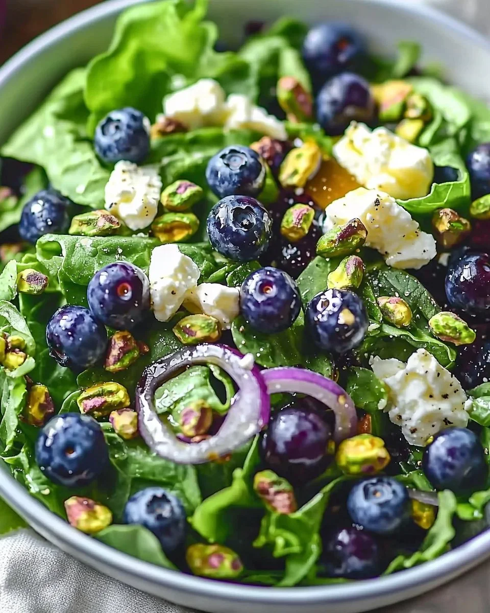 Fresh Blueberry Pistachio Salad with spring greens and vibrant colors