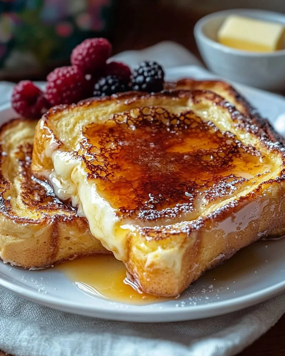 Delicious burnt cream French toast topped with caramelized sugar and berries.