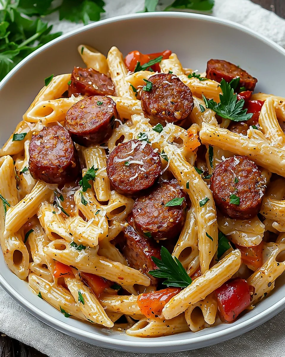 Delicious Cajun Sausage Pasta served with fresh herbs and spices