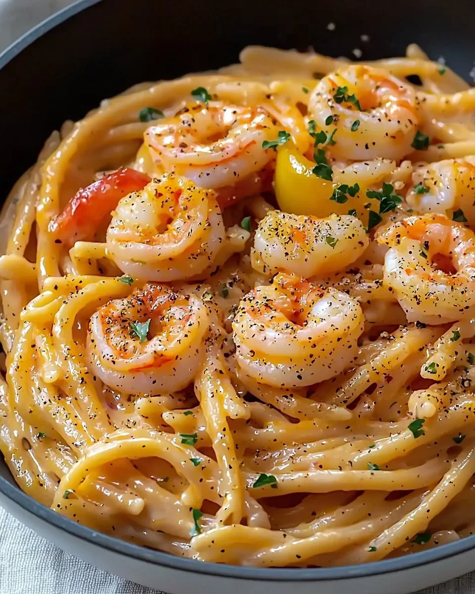 Delicious Cajun shrimp pasta with colorful veggies and spices in a creamy sauce.