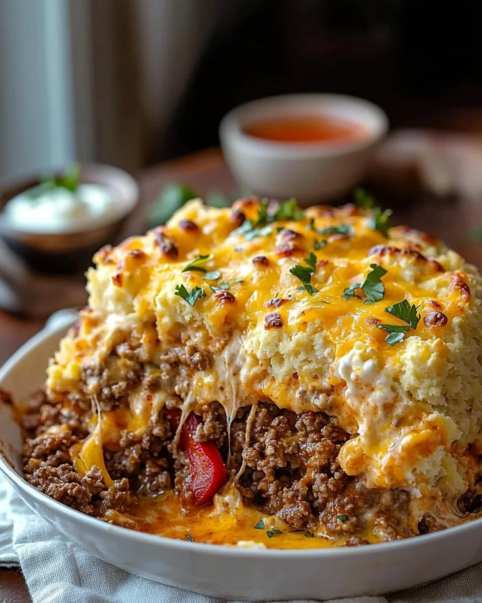 Delicious Cattle Drive Casserole with beef, beans, and cheese in a vibrant dish.